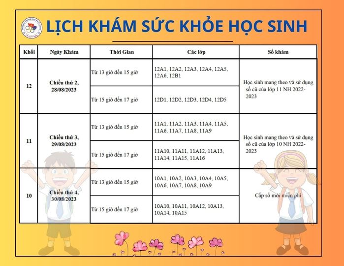 Lịch khám sức khỏe của học sinh 3 khối năm học: 2023-2024